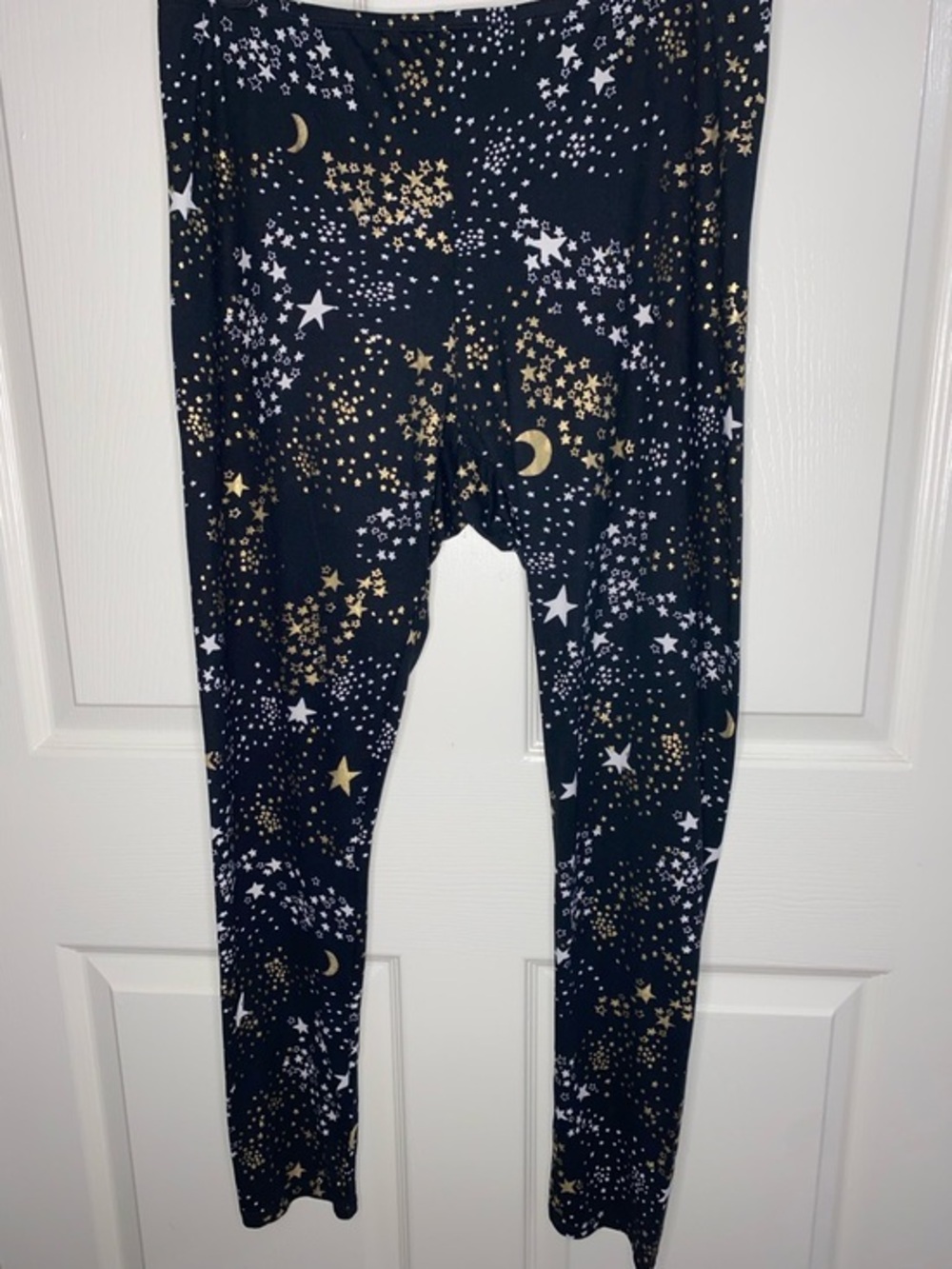 VENUS Black Leggings with Gold & White Star and Moon Print Size L, Whimsigoth